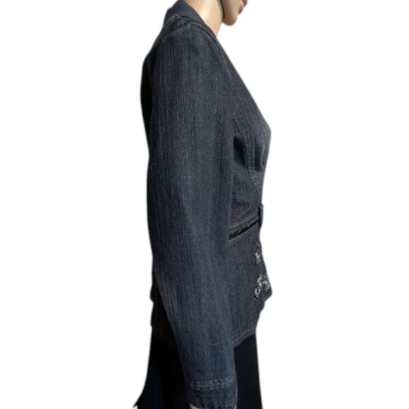 2/$35+$9.99ShipPanitti Fitted Stretch Sequin Deep Denim Blue Embroidered Jacket - Picture 5 of 12